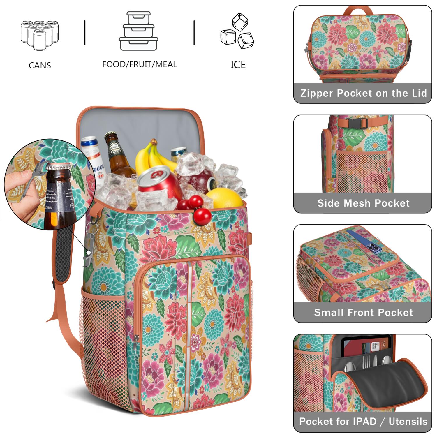 Travel Cooler Bag - Pioneer Flower Floral Print Pattern Camping Beer Cooler Backpack with Bottle Opener- Waterproof Insulated Picnic Backpacks - Cooler Bag for Beach