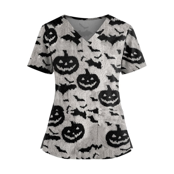 Halloween Plus Size Scrub Tops for Women Stretch Fashion Nurse Shirts Cute Printed Scrubs Tops 02-Black-4XL