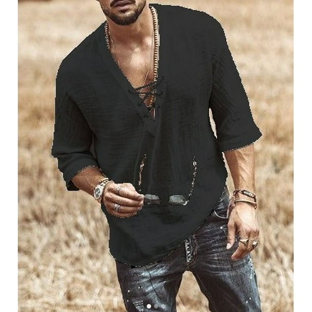 Men's Fashion Hippie Shirt, Casual Middle Sleeve V Neck Summer Beach Loose  Tee Tops 