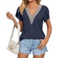 thumbnail image 3 of Cotton T shirts For Women, V Neck Ruffle Sleeve Short Sleeve Summer Loose Lace Casual Basic Tops, Dark Blue, 3 of 5