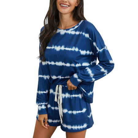 

Capreze Striped Pajamas Set Long Sleeve Home Clothes Ladies Soft 2 Pieces Sleepwear Outfits Homewear Crew Neck Nightwear Suit Blue M