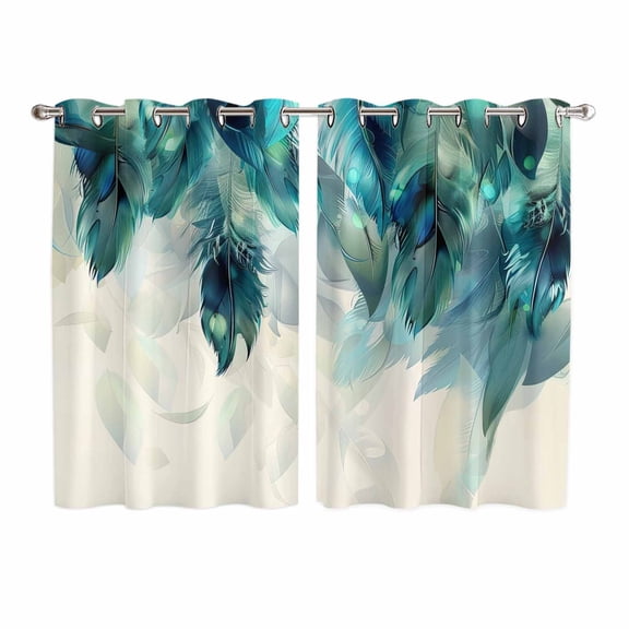 Teal Feather Kitchen Curtains 72 Inch Length, Farmhouse Feather Art Teal Ombre Grommet Top Bedroom Living Room Curtains, Light Filtering Cafe Curtain Drapes 2 Panels Set 104''x72''