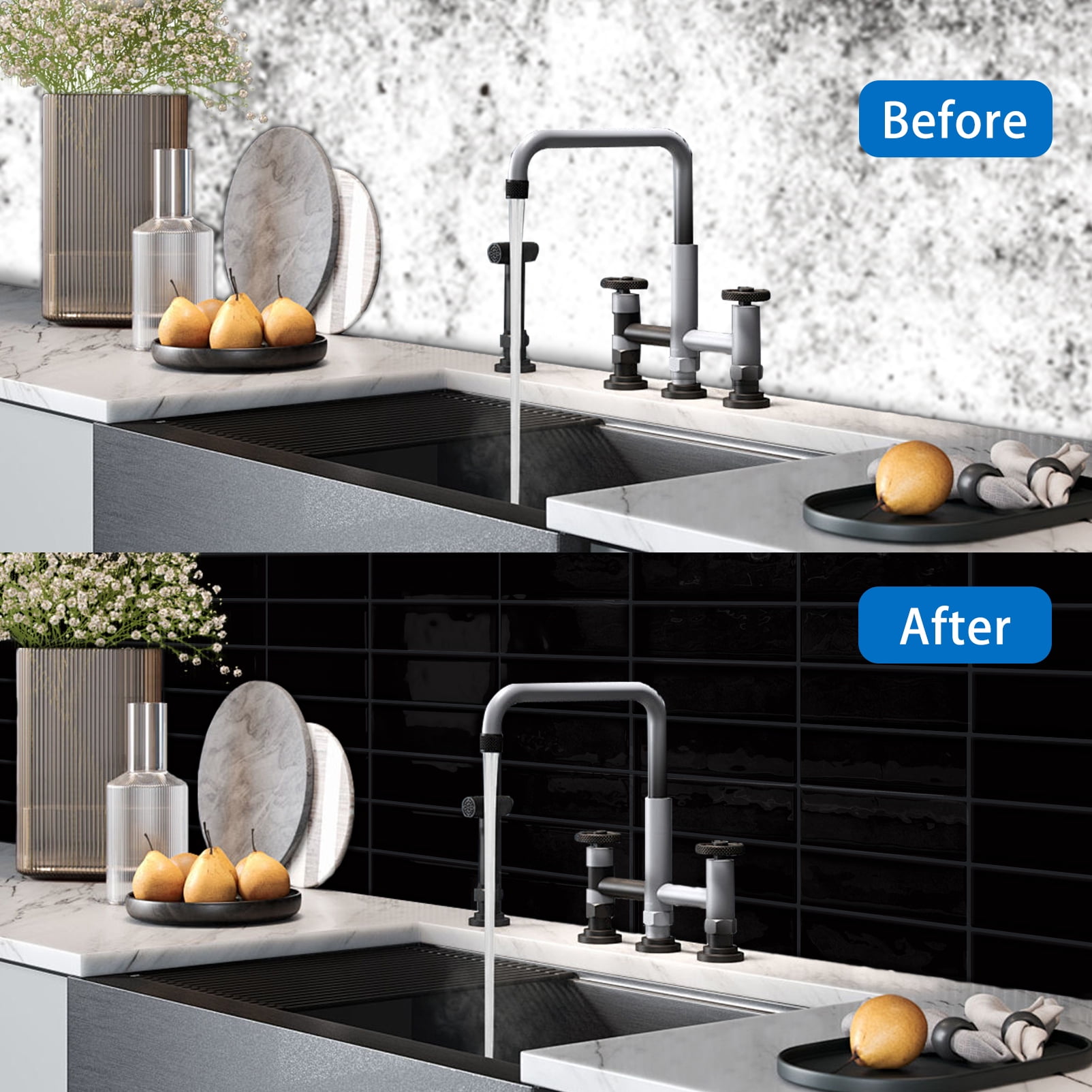 DEWOO Peel and Stick Backsplash - 10 Sheets of 12"×12" - 3D Adhesive Peel and Stick Tile Backsplash for Kitchen, Bathroom, Wall Tile, Black
