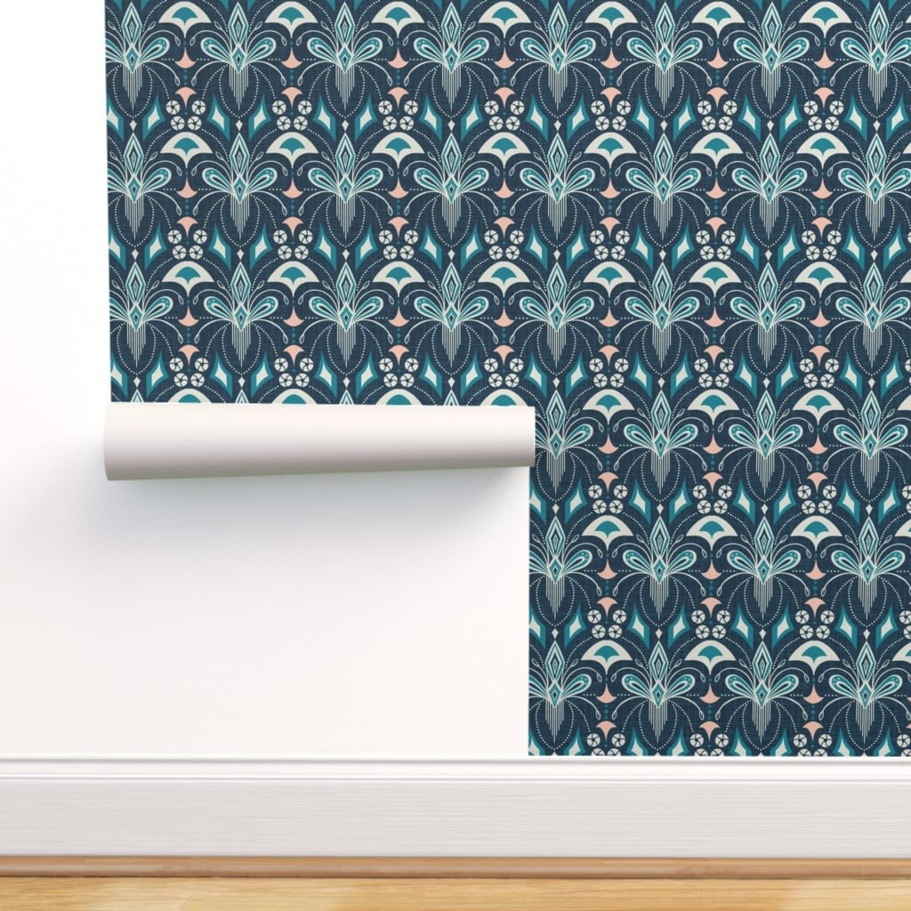 Removable Water-Activated Wallpaper Vintage Green Retro Geometric Grid 