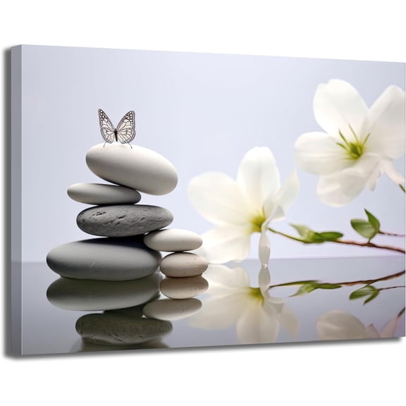 Zen Stone Canvas Wall Art Spa Stone with White Flower and Butterfly Picture Bathroom Wall Art Modern Spa Artwork for Spiritual Yoga Room Bedroom Picture Wall Decor