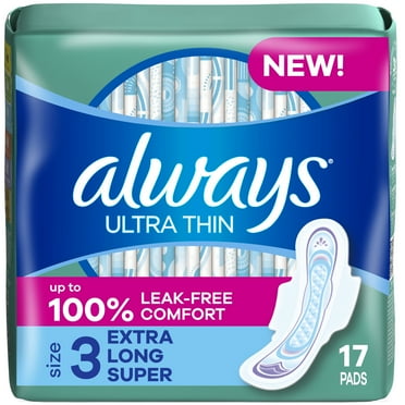 Always Ultra Thin Pads with Wings, Size 3, Extra Long Super Absorbency, 17 CT