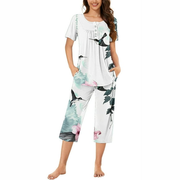 Women's Pajama Sets, Shorts for Women, Women's Round Neck Flower Print Short Sleeve Sleepshirt and Pants Sets Loungewear Pajamas with Pockets