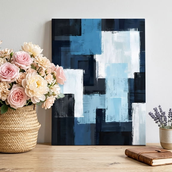 Canvas Wall Art Abstract Blue Canvas Art Print White Black Color Block Geometric Oil Painting Pictures Wall Decor for Living Room Bedroom Artwork Decorations Stretched Framed Ready to Hang 11"x14"
