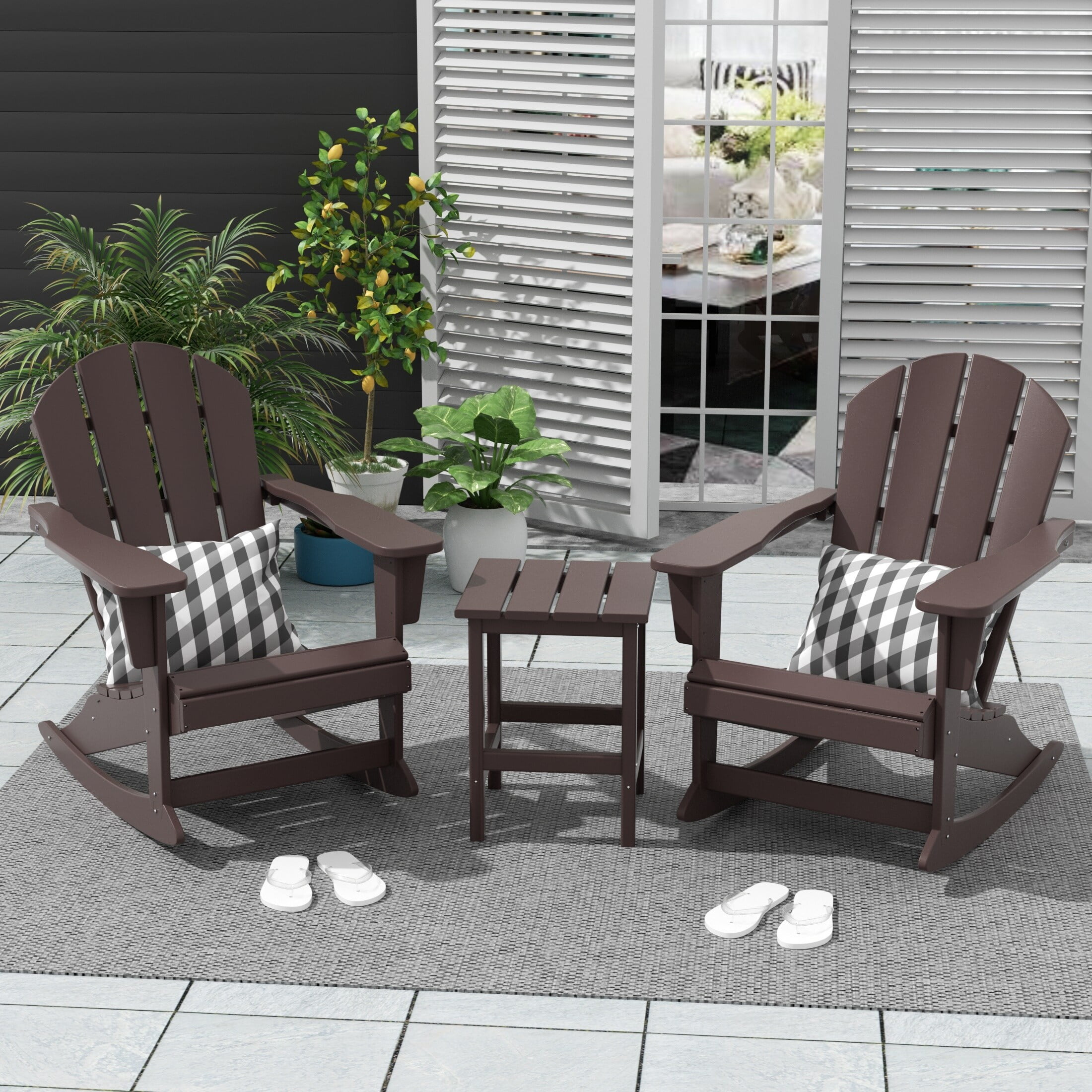 Polytrends  Laguna Hdpe All Weather Outdoor Patio Rocking Chairs With Side Table (3-Piece Set) Dark Brown