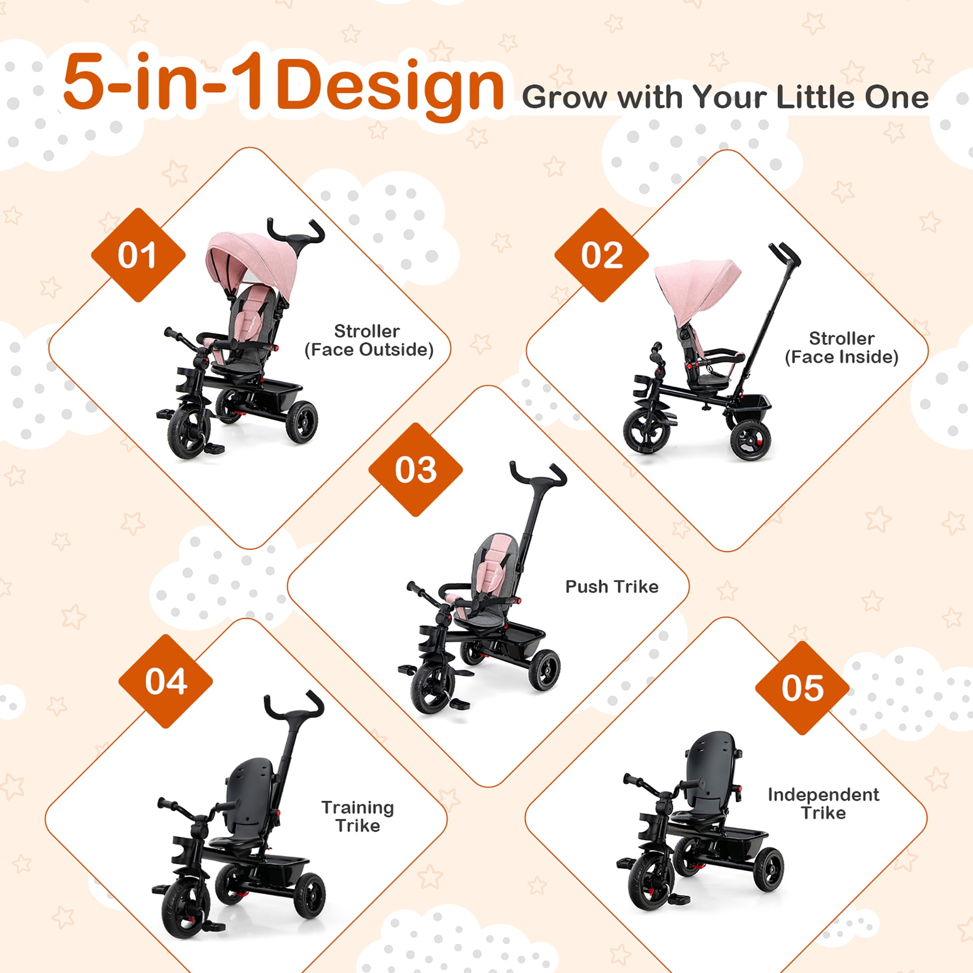 Costway Black 4 in 1 35" Tricycle with Convertible Seat
