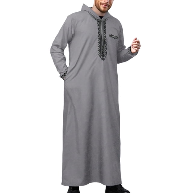 Men'S Muslim Middle Arab Casual Long Sleeve Loose Hood Men Shirts Grey S