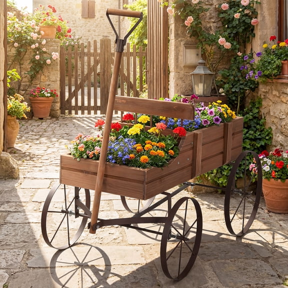 ELLEGNT Wooden Garden Wagon Planter - with Wheels, for Yard, Patio, and Outdoor Decoration, Brown