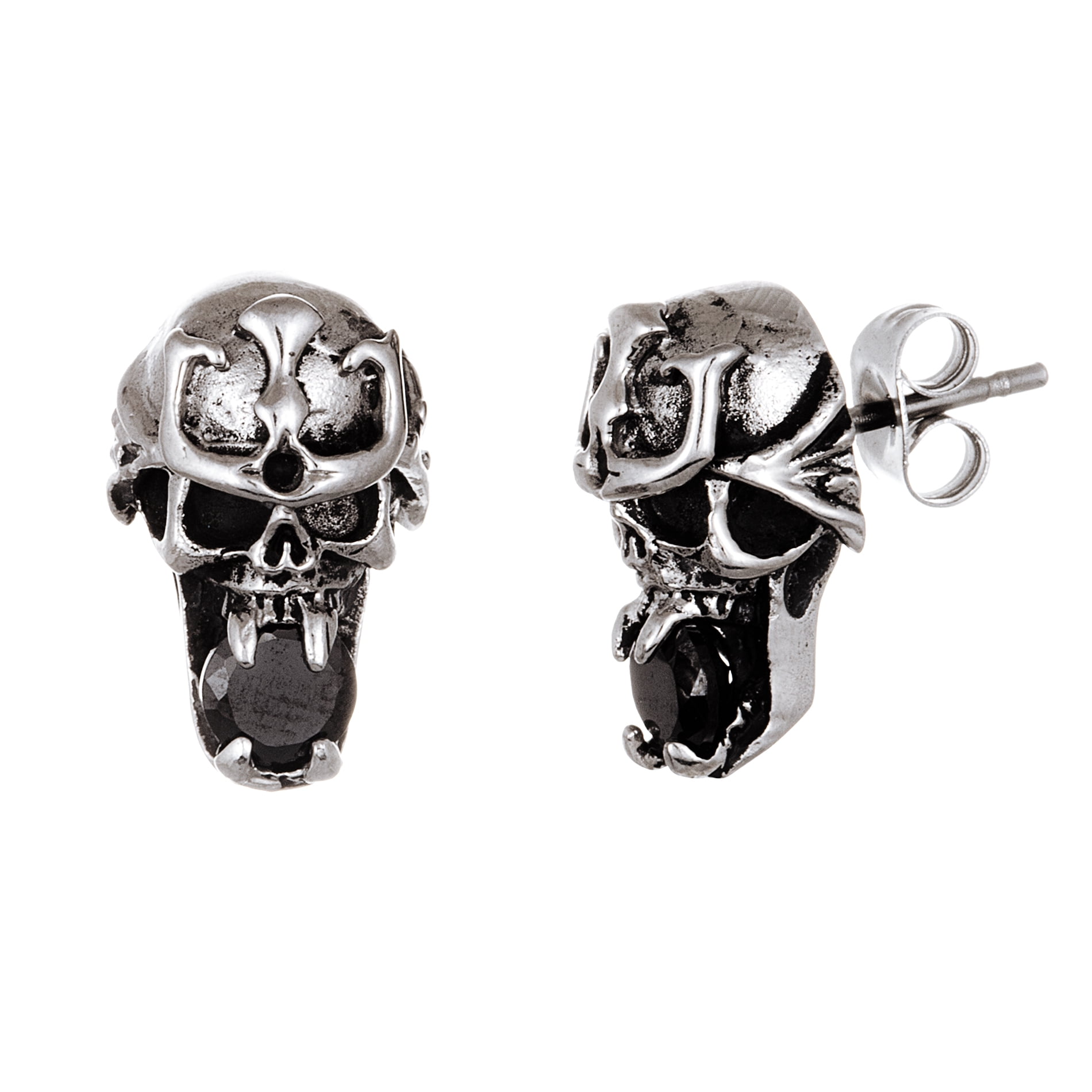 Gothic Skull Black Cubic Zirconia Studs Stainless Steel Mens Earrings Unisex Earrings