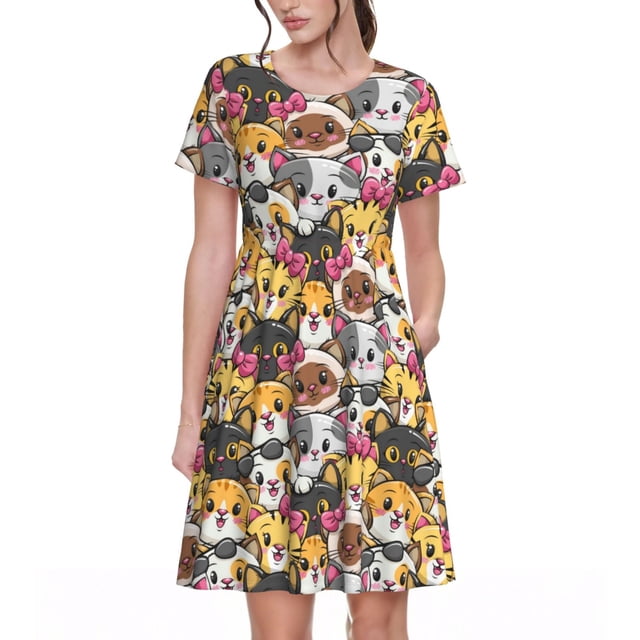 Easygdp Cute Cat Cartoon para Vestido Transpirable de Mujer, Vestido Suelto de Manga Corta con Pliegues y Bolsillos para el Verano
