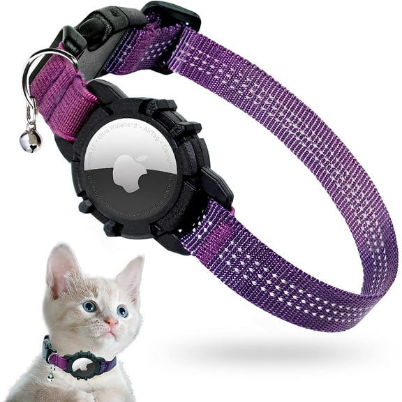 Airtag Cat Collar, New Integrated Apple Air Tag Cat Collar, Reflective Cat Collar with AirTag Holder and Bell, Cat Collar for Girls Boys Cats, Kittens and Puppies (Purple)