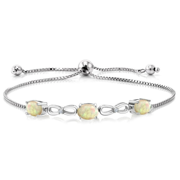 Gem Stone King 1.55 Ct Oval Cabochon White Ethiopian Opal E-F Lab Grown Diamond 925 Silver Bracelet for Women