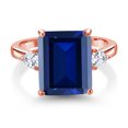 thumbnail image 3 of Gem Stone King 18K Rose Gold Plated Silver 3-Stone Ring Octagon Blue Simulated Sapphire and Moissanite (7.02 Cttw, Size 5), 3 of 4