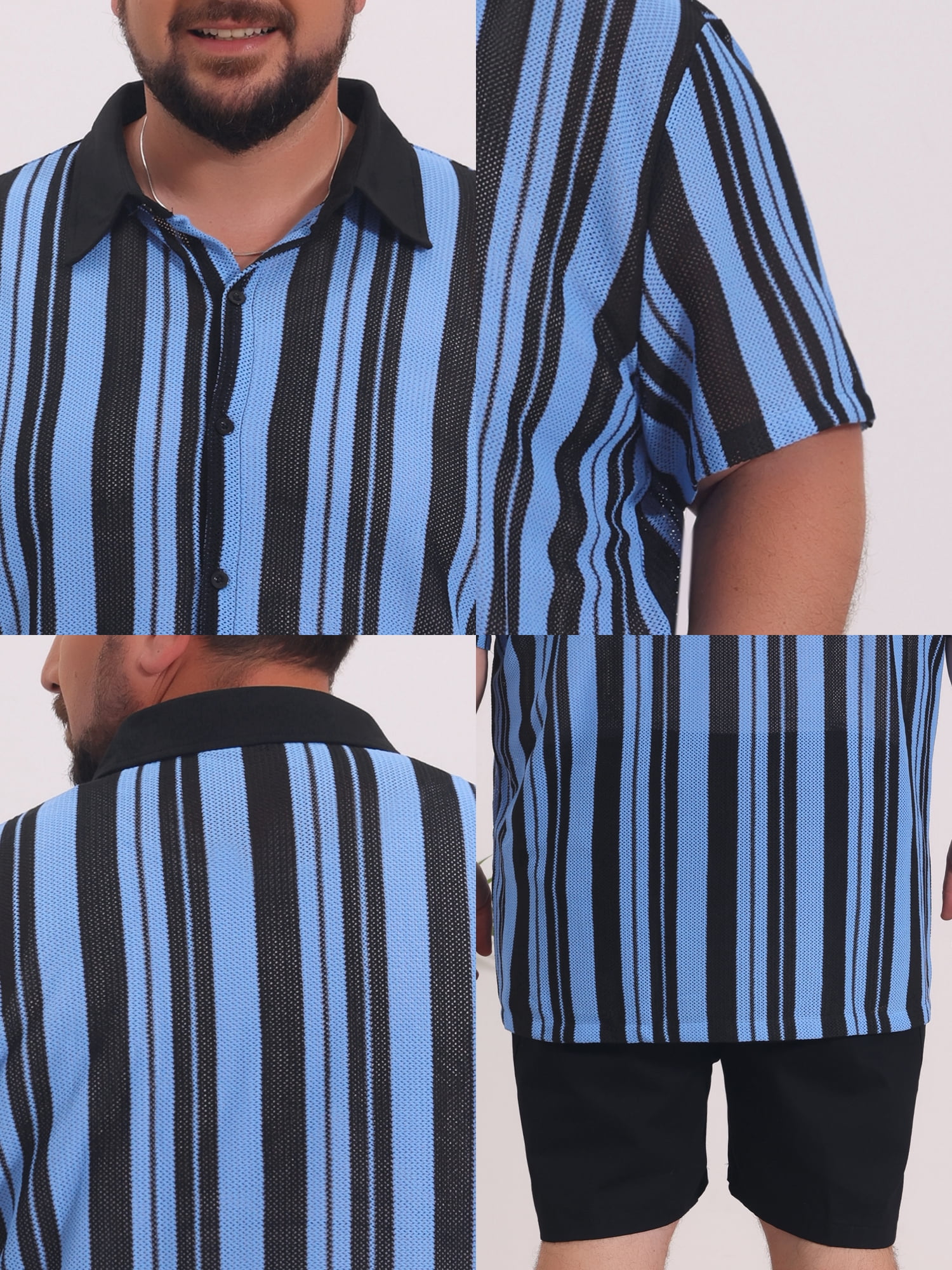DARING DIVA Men's Big Tall Colorblock Striped Short Sleeve Button-Down Shirt 3XL Blue