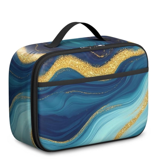 Blue and Gold Marble Pattern Insulated Lunch Bag Teens,Bento School Lunch Bag for Teens for Work,Picnic or Travel 10.6x7.7x4.3 Inches,12 Can Capacity