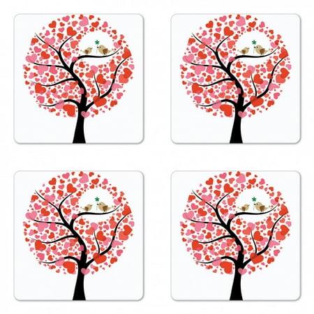 

Animal Coaster Set of 4 Birds in Tree Flirting Greeting in the Nature Romance Relationship Season Print Square Hardboard Gloss Coasters Standard Size Red White Black by Ambesonne