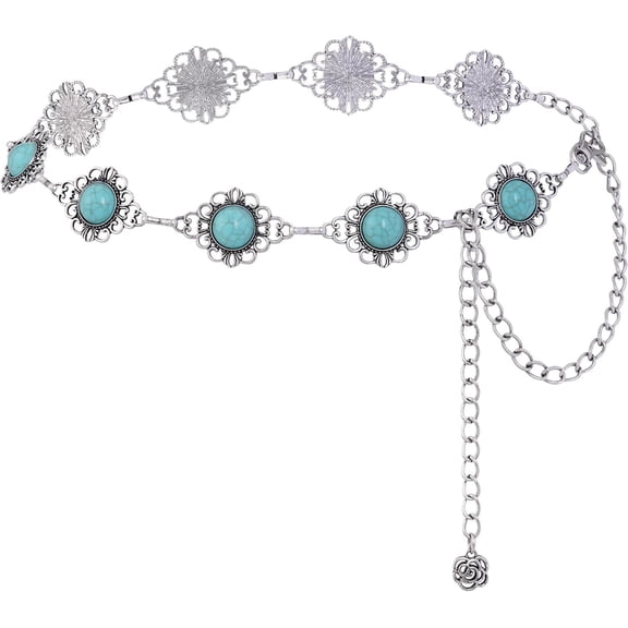 Concho Chain Belt Women Cowgirl Turquoise Boho Metal Chain Belt for Dresses Jeans