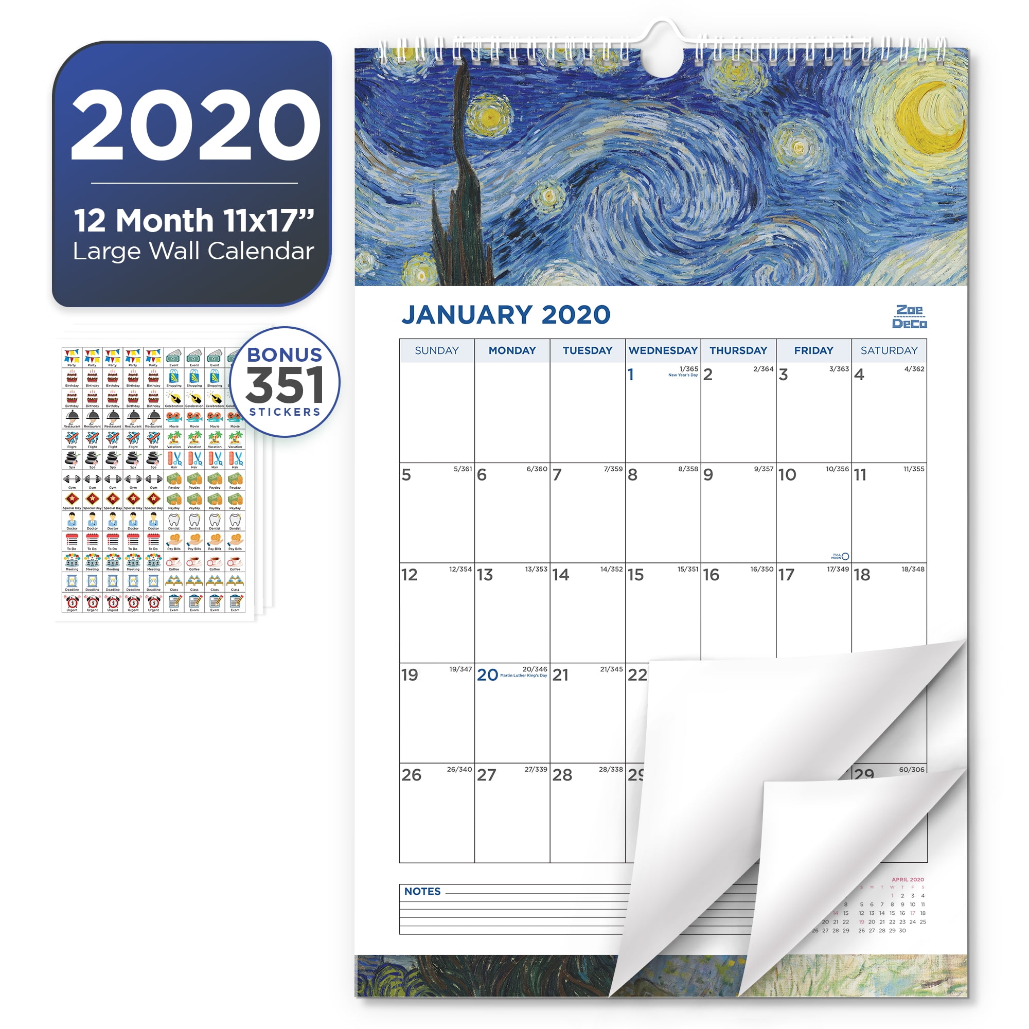 2020 Zoe Deco 11x17 Vertical Hanging Wall Calendar With Stickers 