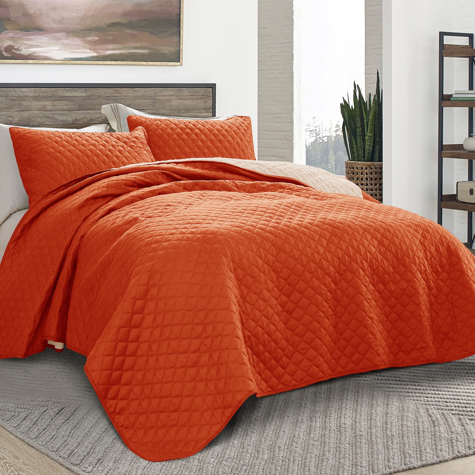 Exclusivo Mezcla Queen Quilt Set, 3-Piece Lightweight Queen Quilts Soft Bedspreads Bed Coverlets, Burnt Orange, 90"x96"