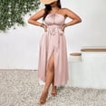 thumbnail image 4 of Plus Size Womens Pink Halter Off Shoulder Maxi Dress High Waist Backless Slit Knitted Elegant Style, 4 of 6