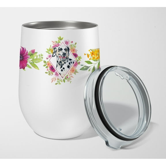 Carolines Treasures CK4137TBL12 Dalmatian Pink Flowers Stainless Steel 12 oz Stemless Wine Glass 12 oz multicolor