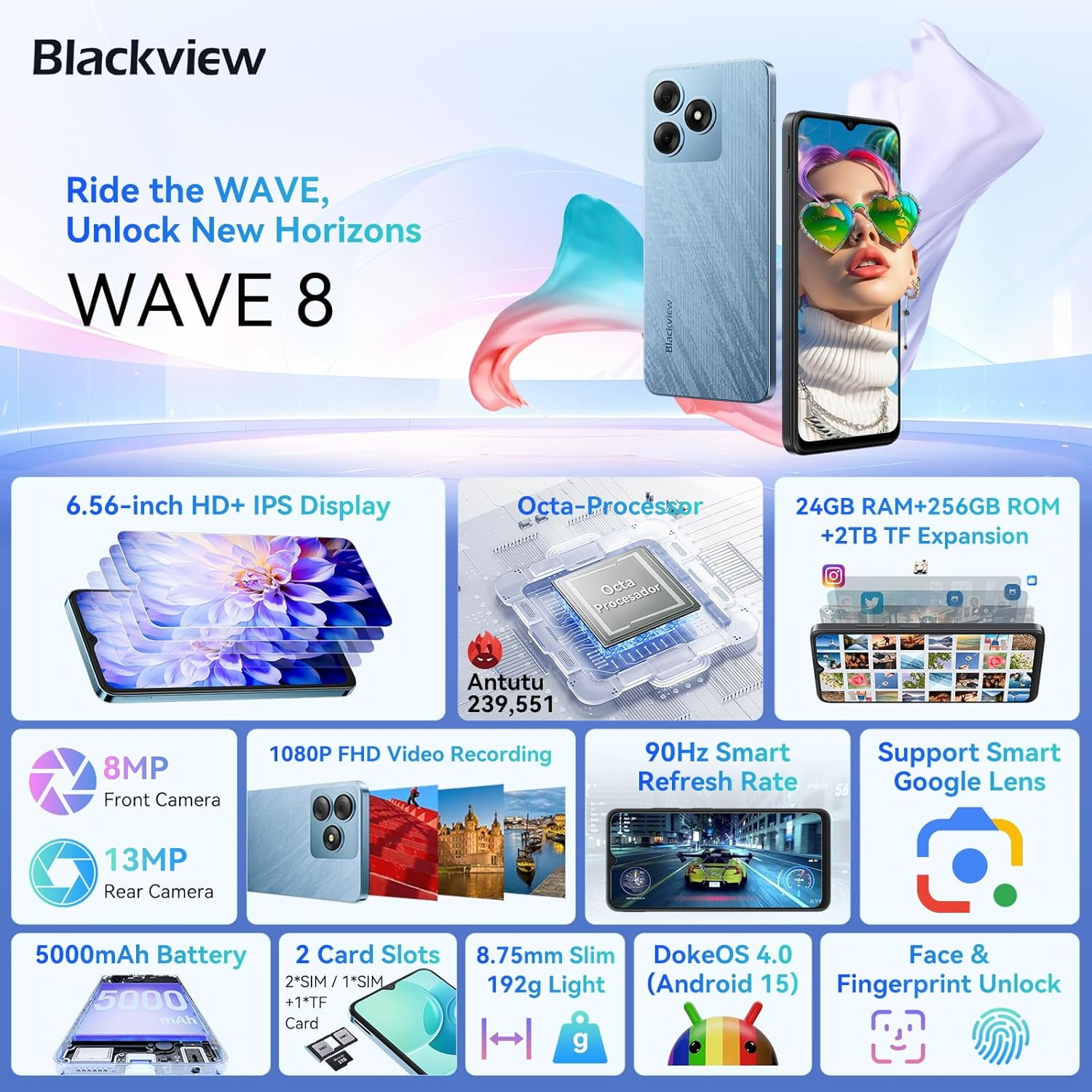 Blackview Wave 8 Unlocked Cell Phone,Android 15 Unlocked Phones,5000mAh Smartphone,24GB+256GB/2TB,4G Octa-Core,13MP+8MP AI Camera,6.56" HD+,Fingerprint/Face ID,Blue