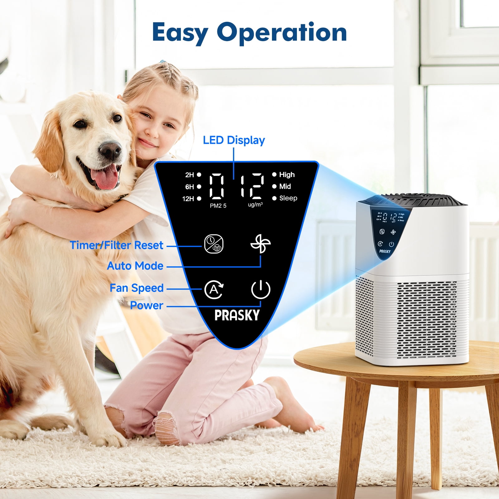 PRASKY Air Purifier for Home 1076 Sq Ft Coverage, True HEPA Filter for Pets, Smoke & Allergies | Quiet for Bedroom/Living Room (White)