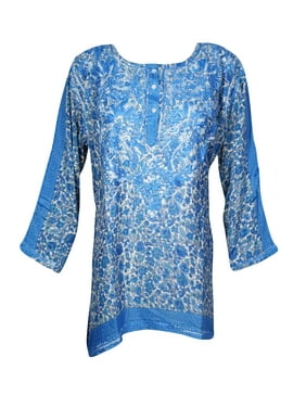 Mogul Women Light Blue Floral Tunic Dress Floral Hand Embroidered Blouse Top XL