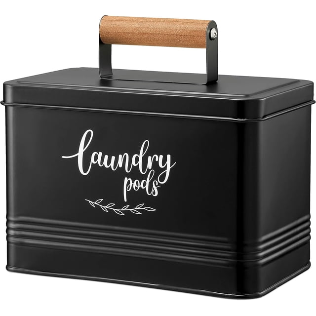 PERFNIQUE Laundry Pods Container, Farmhouse Laundry Pods Holder with Lid for Laundry Room Decor and Accessories, Metal Detergent Pods Container for Laundry Room Organization and Storage (Black, Pods)