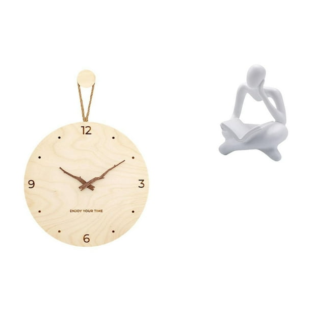 Reloj de pared,Reloj de pared decorativo para sala de estar,silencioso,Reloj de pared de madera con decoración moderna,Figura de lector abstracto,Estatua de pensador