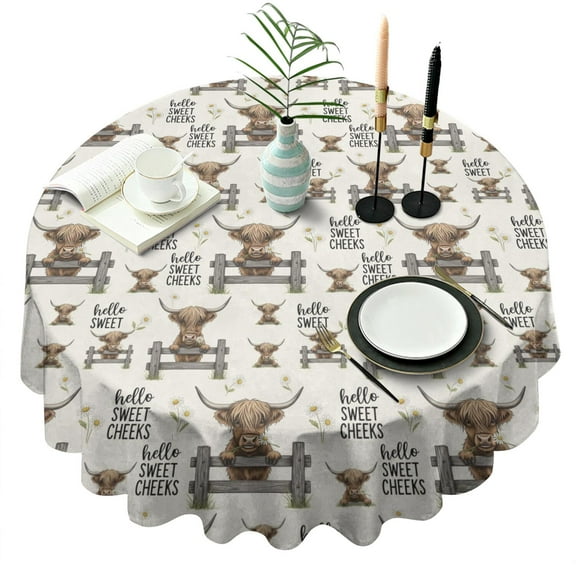 Beige Highland Cow Fence Daisy Pattern Round Tablecloth 60"x60",Wrinkle Wipeable Table Cloth for Kitchen Dining Room Picnic Patio Party