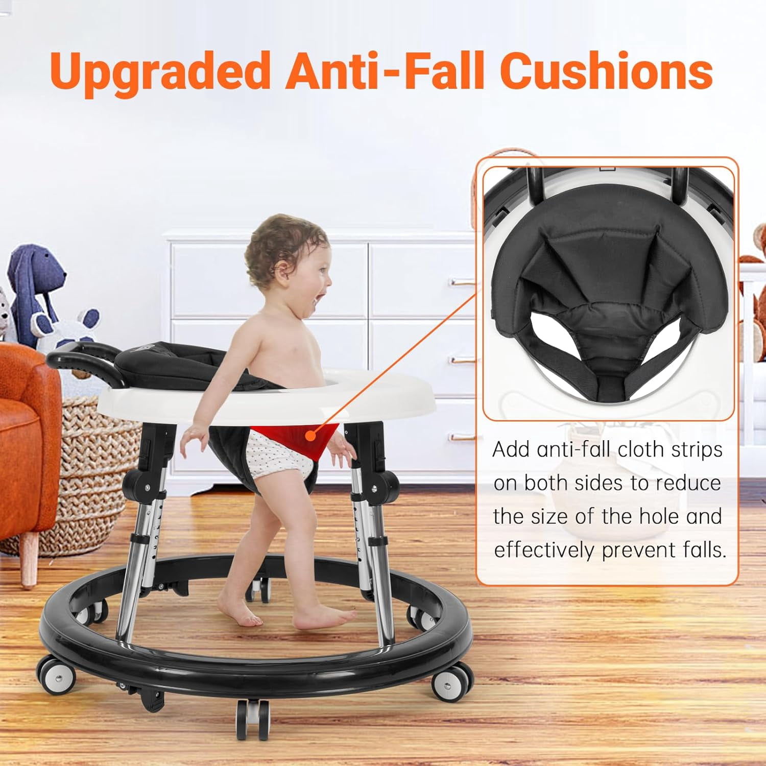 Baby Walker, Portable/Foldable/9 Adjustable Heights/With Wheels/Anti-Rolling, For Babies 6-12 Months,Black