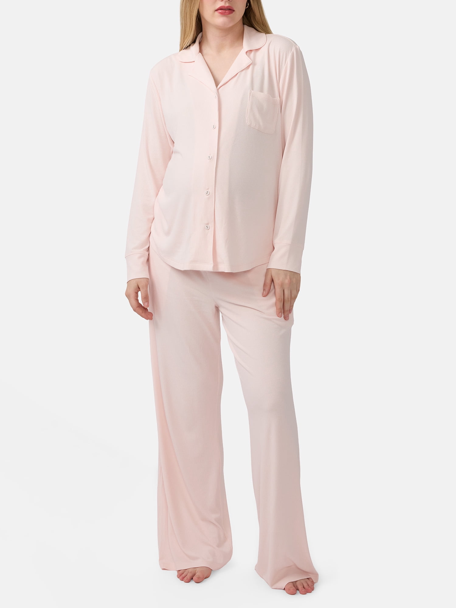 Ingrid & Isabel For Every Belly Women's Maternity Long Sleeve Button Down Shirt & Open Leg Pajama Set, Sizes S-XXXL
