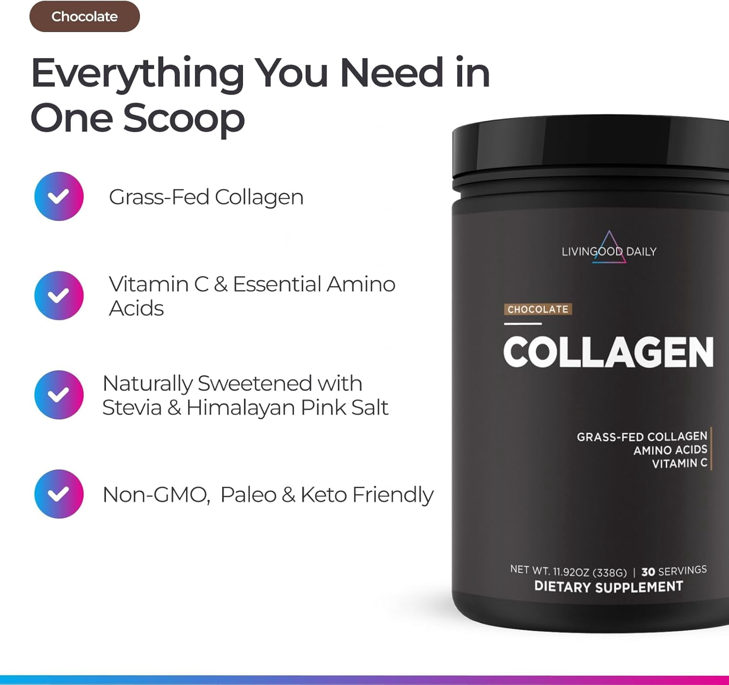 Livingood Daily Chocolate Collagen Powder for Women & Men, Hydrolyzed Collagen Peptides Powder with Vitamin C, Protein with 20 Amino Acids, Type I & III, Grass Fed, Keto, Paleo, Gluten Free, 30 Srvgs