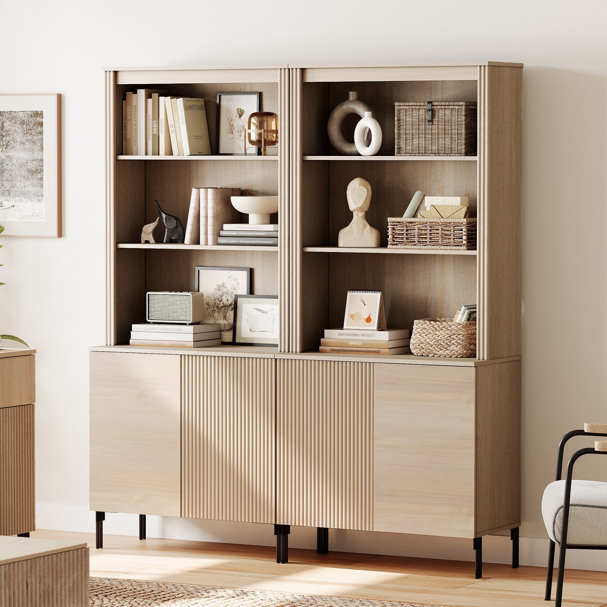 71.6"H X 60.4"W Set Of 2 Bookcase with Storage Cabinets, 10 Tier Bookshelf with Fluted Doors and Adjustable Shelves, Large Modern Display Cabinet For Living Room Bedroom Home Office Kitchen