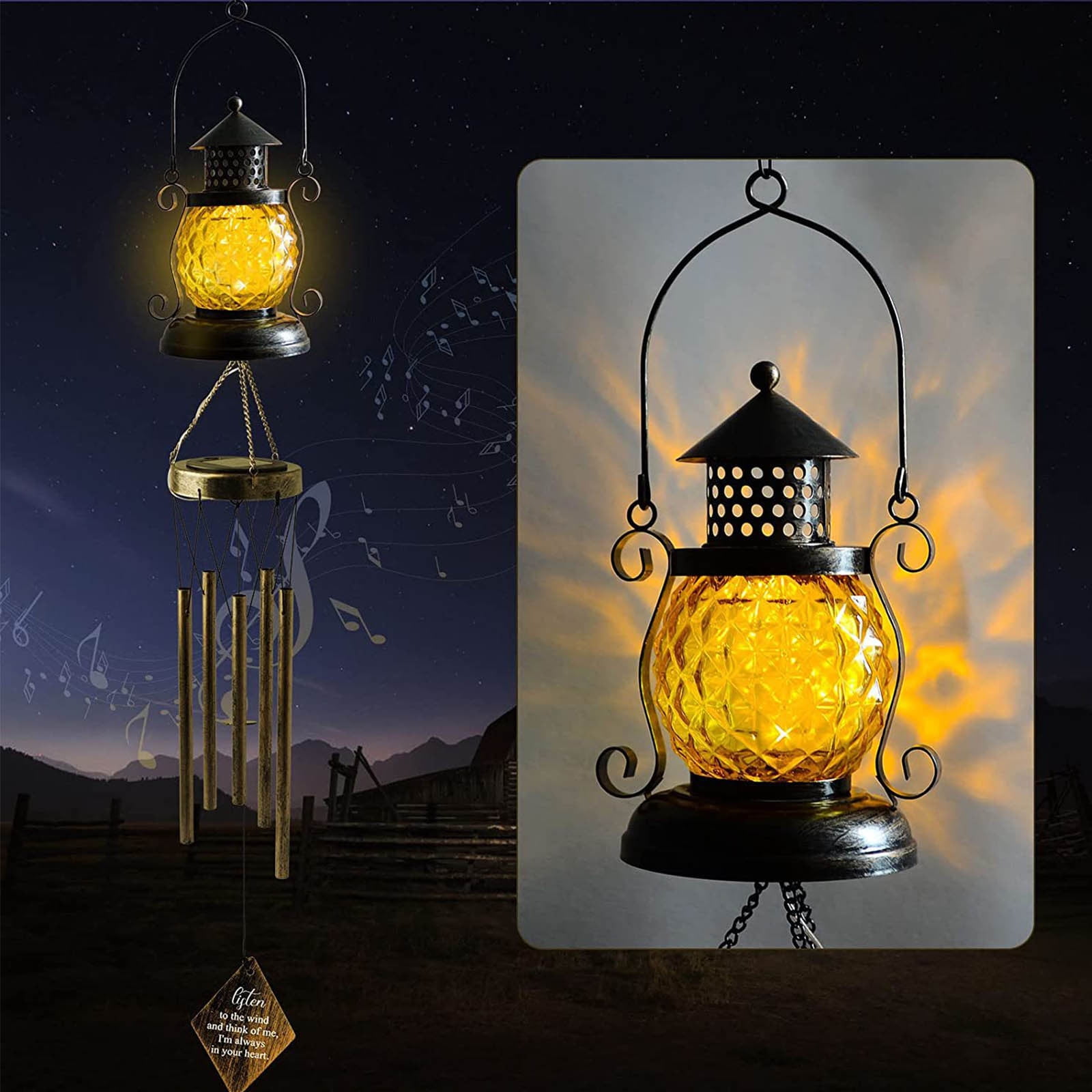 Solar Garden Lights,Wind Chimes for Outside,Solar Wind Chimes for Outside Garden Decor - Outdoor Hanging Solar Powered LED Wind Chime with Auto On/Off, Weather-Resistant Iron Art(Black)