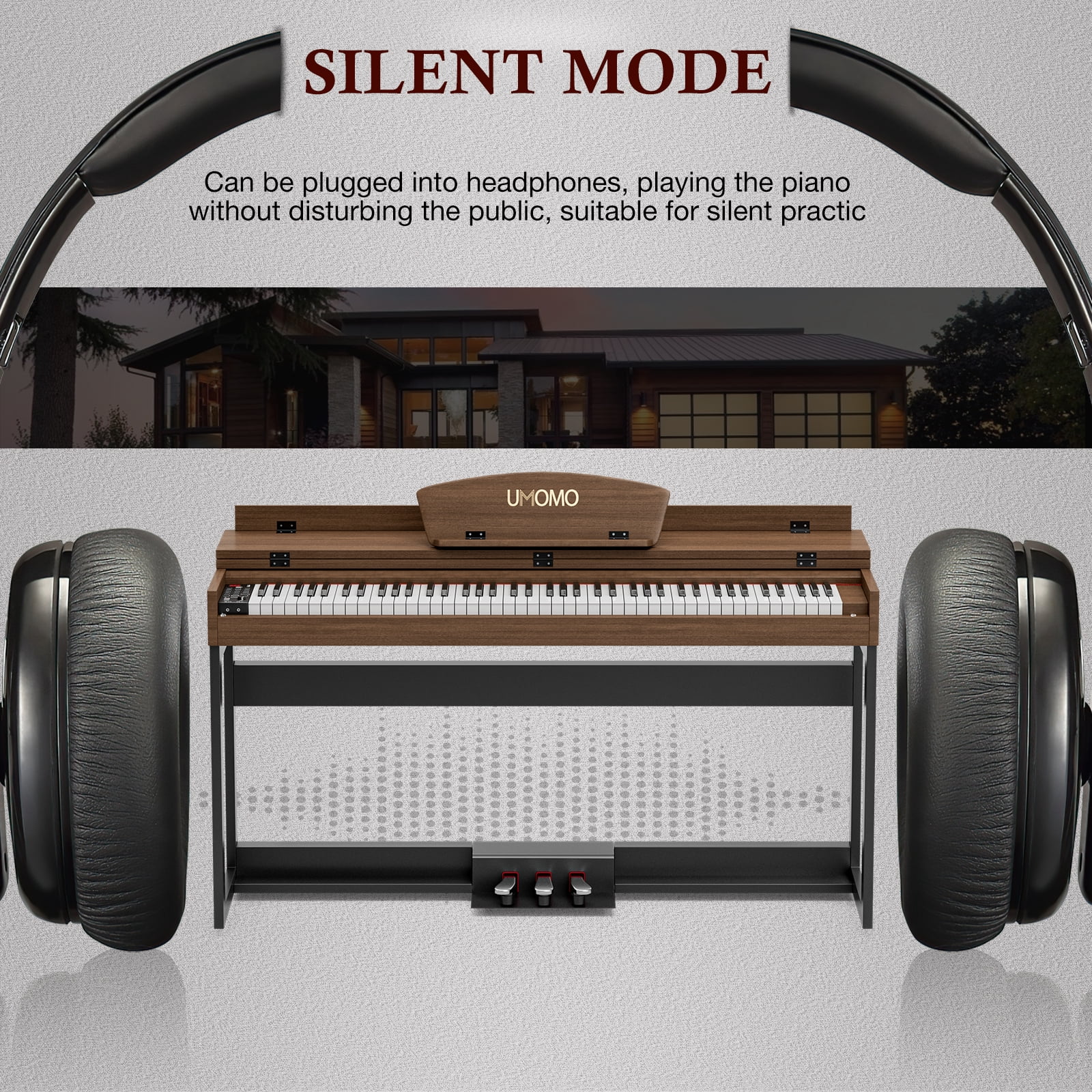 UMOMO 88 Key Digital Piano Keyboard, Full Size Electric Piano with Piano Metal Stand, Headphone Jack, 3 Pedal, Electronic Piano for Beginner, Adults, Walnut