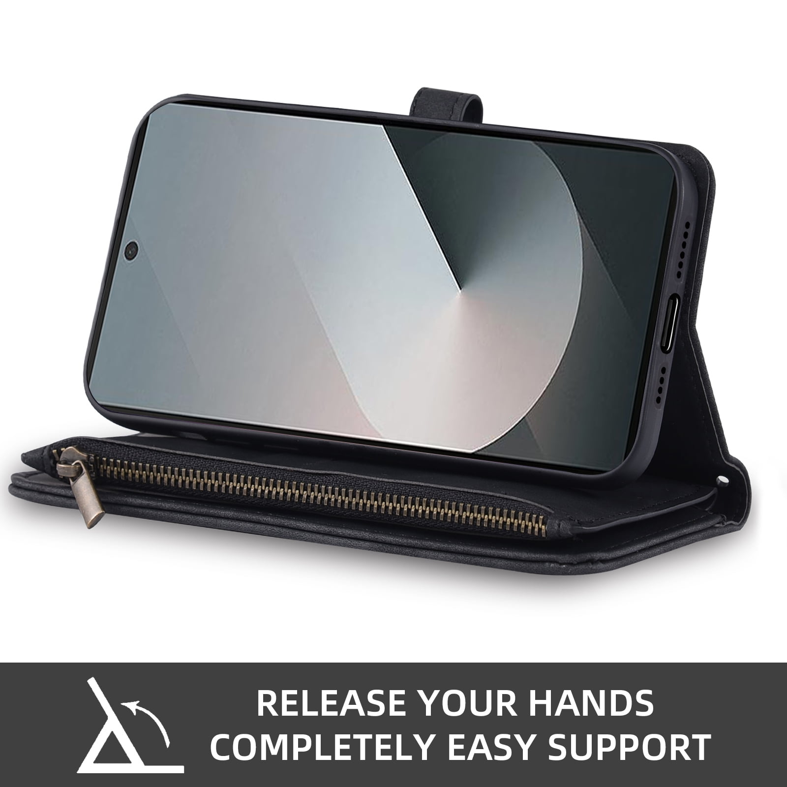 Asuwish Phone Case for Samsung Galaxy Z Fold 6 5G 2024 Wallet Cover Crossbody Wrist Strap Flip Pattern Zipper Card Holder Cell ZFold6 Z6 G Fold6 ZFold 6Z Men Black