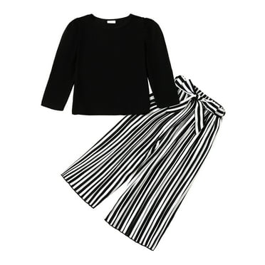 Mikrdoo 6T Little Girls Pants Sets Solid Color 7 Years Kid Girls Long Sleeve Tops Stripe Pleated Pants 2Pcs Outfits