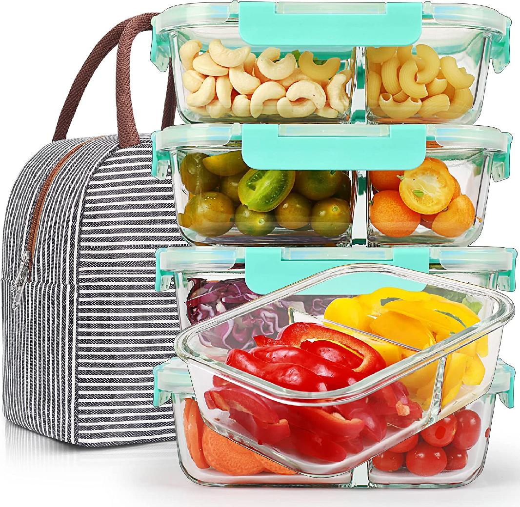 5 Pack 36oz Glass Meal Prep Containers 2 Compartments with Lids Portion