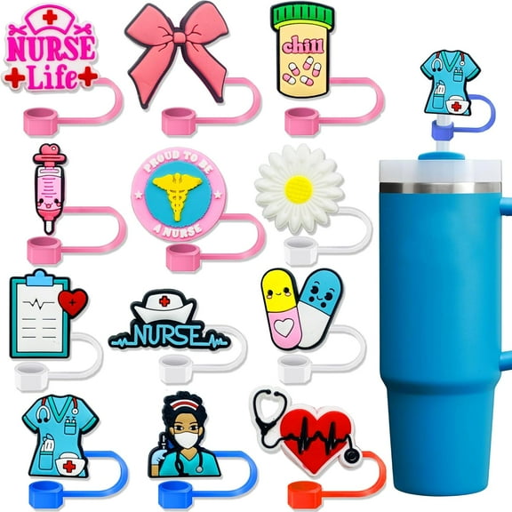 12PCS Medical Straw Cover Cap for Stanley Cup, Cute Silicone Nurse Straw Topper for Stanley 30&40 Oz Tumbler, 10mm 0.4in Dust-Proof Reusable Tips Lids, Cute Nurse Gifts