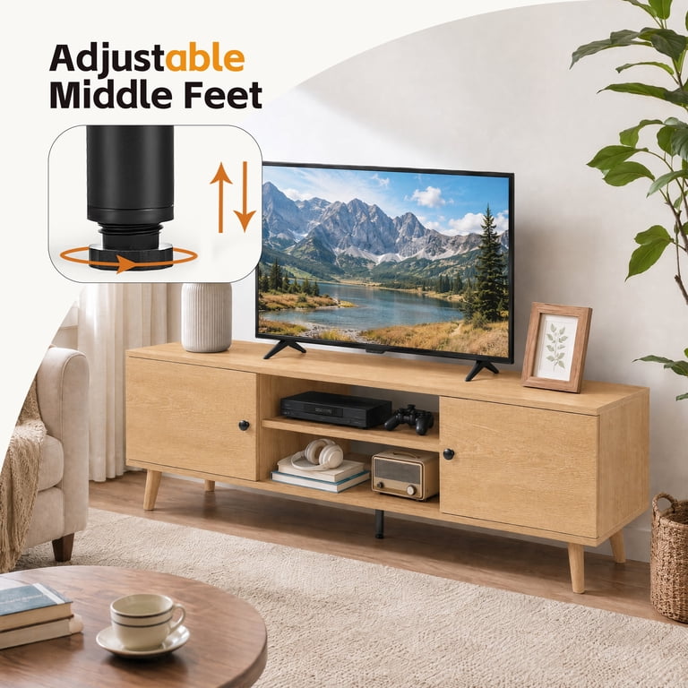 EDX Retro-Modern TV Stand with Soft-Close Cabinets, Natural Wood photo 6
