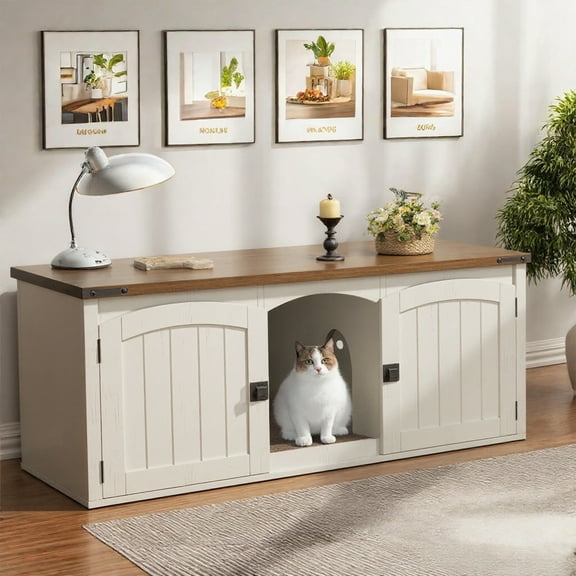 VEANERWOOD Cat Litter Box Enclosure for 2 Cats, Large Cat House with Double Rooms & Scratch Pad for Living Room, Bedroom, Wooden Enclosed Cat Litter Box Furniture