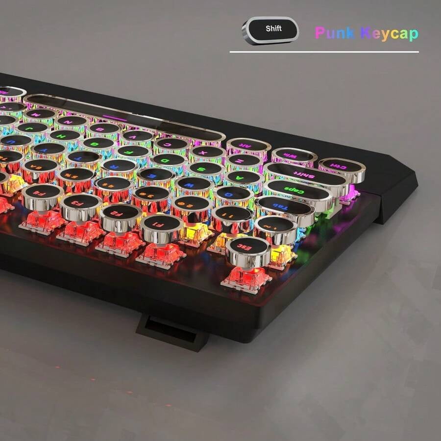 XX Typewriter Mechanical Gaming Keyboard, Retro Black Punk Round Keycaps RGB Rainbow Backlit Wired Keyboards For Laptop PC Gamer, With Magnetic Wrist Rest - Blue Switch