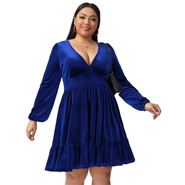 Laklulu - Vestido corto de fiesta de cóctel con corte en A de terciopelo, ajustado y acampanado, con escote en V cruzado y mangas largas para mujer, azul, 3X