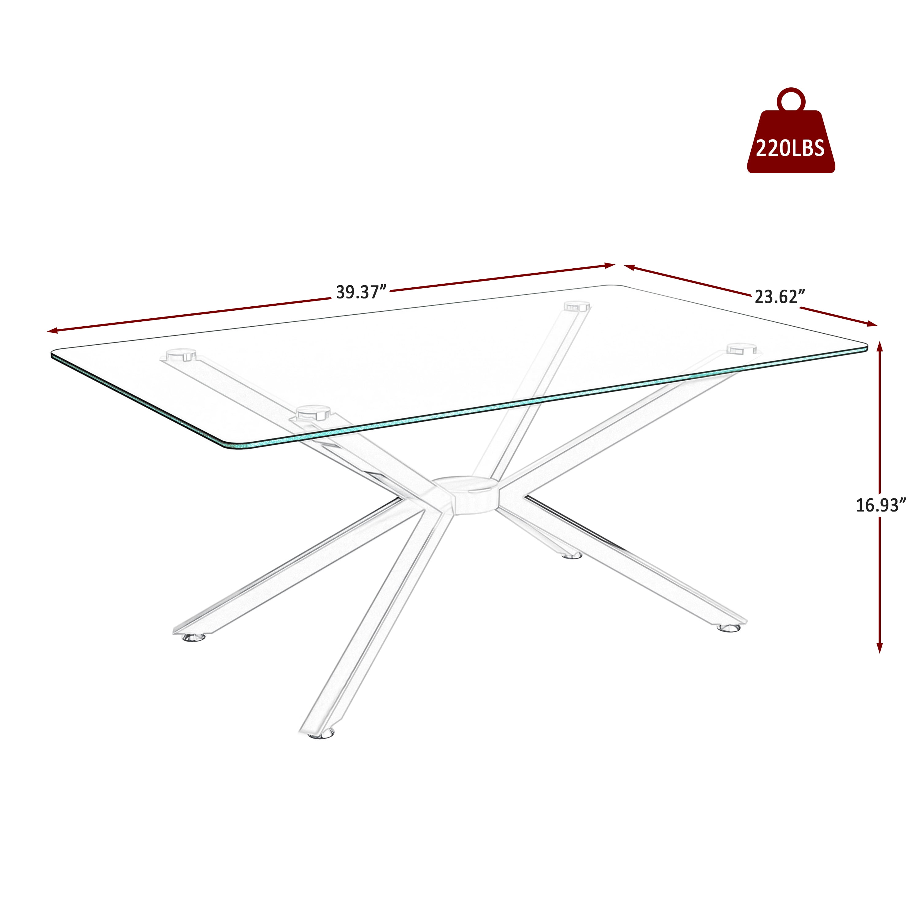 Euroco 39.37" Rectangular Clear Tempered Glass Coffee Table,Stylish Design with silver Metal Legs, Coffee Table for Living Room